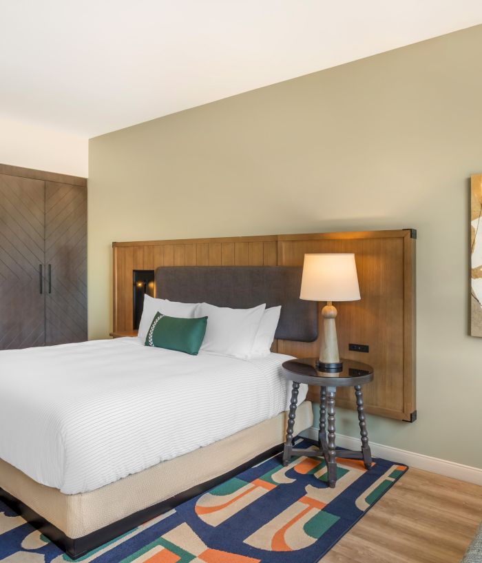 A modern hotel bedroom with a large bed, bedside table and lamps, artwork, and patterned rugs.