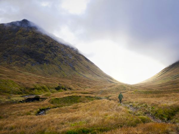 Hiker walking through green grassy hills
