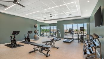 Modern gym with exercise bikes, treadmills, benches, free weights, big windows, and ceiling fans under bright lighting.