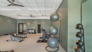 A fitness room with exercise benches, stability and medicine balls, and ceiling fans for workouts.